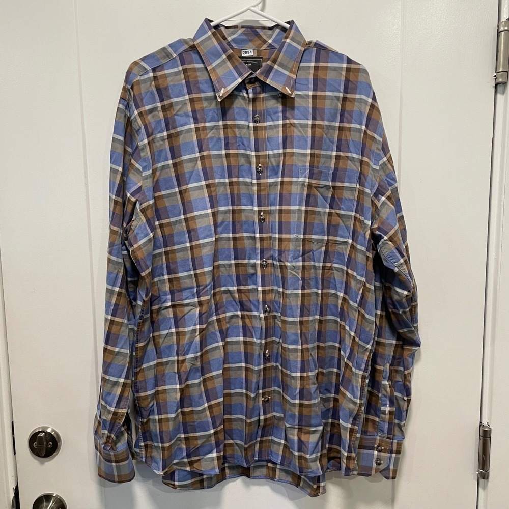 Maker & Company Mens XL Blue Brown Plaid Cotton Button Down Long Sleeve Shirt